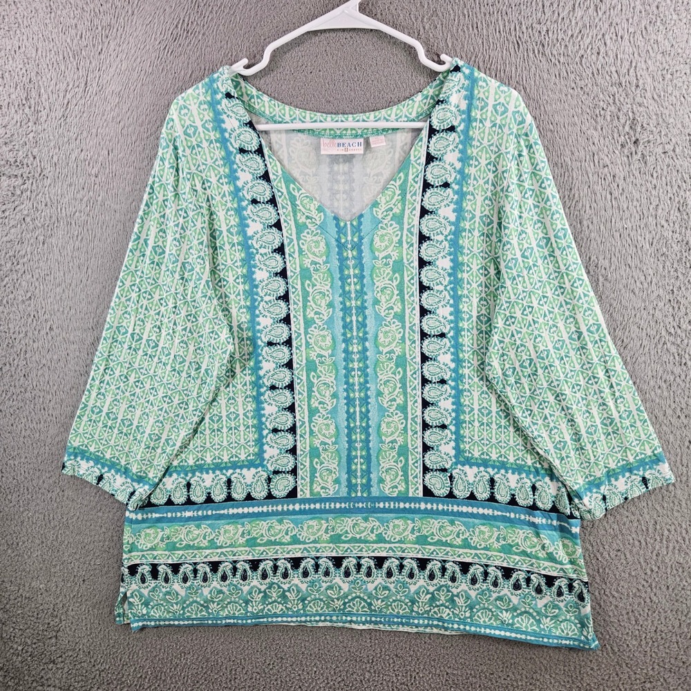 Belle Beach Kim Gravel Womens XL Green Paisley V-Neck 3/4 Sleeve Top